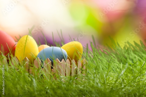 Easter  colored eggs on the green meadow