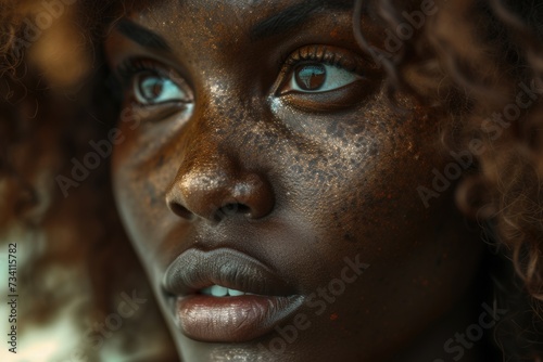 A close-up view of a woman's face with freckles. This image can be used for various purposes