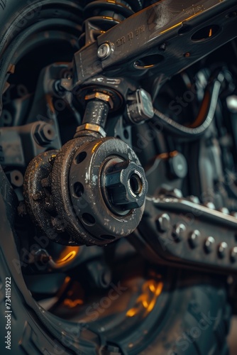 Close-up of a motorcycle wheel showing the intricate details of the bolts and nuts. Perfect for automotive enthusiasts and mechanics