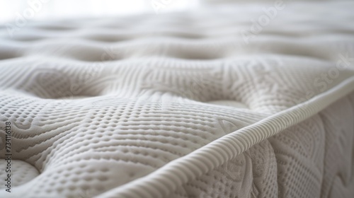 A detailed view of a mattress with a white cover. Ideal for showcasing bedding products or interior design concepts