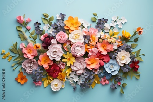 A HD shot capturing the top view of a vibrant floral arrangement on a calming pastel background for text overlay.