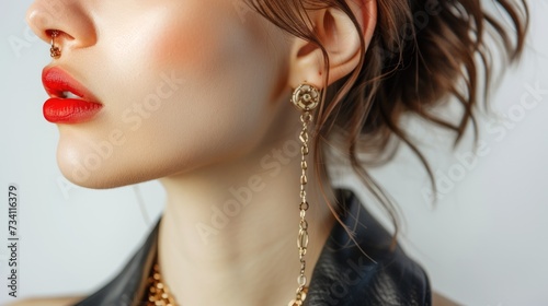 A close-up of a woman wearing a necklace and earrings. Suitable for fashion and jewelry-related projects