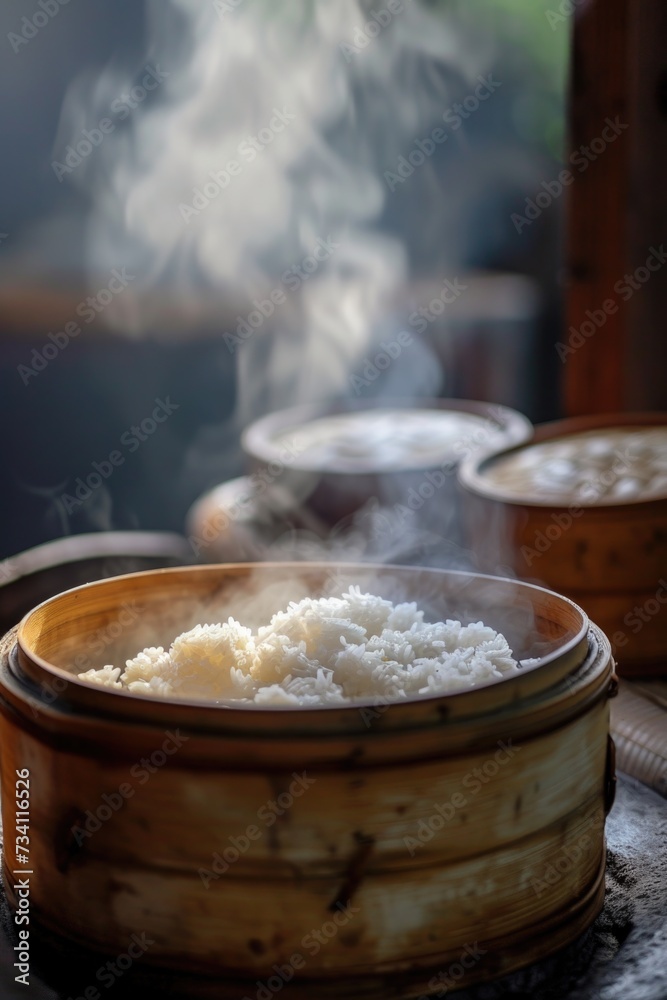 A wooden bowl filled with rice sitting on top of a table. Perfect for food and cooking concepts