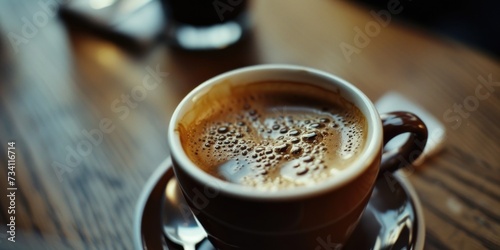 A close-up view of a cup of coffee placed on a saucer. This image can be used to represent morning rituals, coffee breaks, or cozy cafe scenes