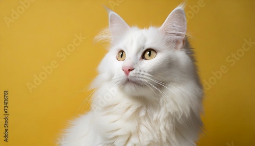Portrait of cute white cat on yellow background. Adorable fluffy pet.