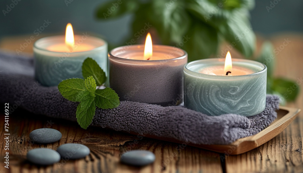 Lit scented candles in ceramic holders with a plush towel and fresh mint leaves, creating a tranquil and aromatic spa ambiance. Lit scented candles in ceramic holders with a plush towel and fresh mint leaves, creating a tranquil and aromatic spa ambiance.