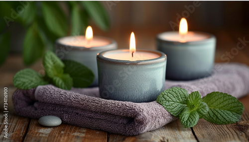 Lit scented candles in ceramic holders with a plush towel and fresh mint leaves, creating a tranquil and aromatic spa ambiance.