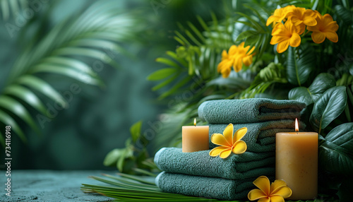 Spa setting with fluffy green towels, aromatic candles, and vibrant yellow flowers, offering a tranquil and refreshing ambiance. photo