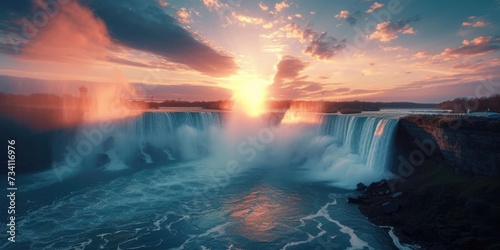 A stunning image capturing the sun setting over a majestic waterfall. Perfect for nature enthusiasts and travel websites