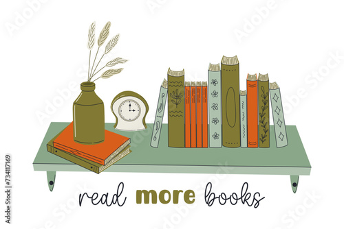 Interior bookshelf. Books at bookshelf, pampas plant, clock. Home library. Literature and education theme. Read more books. Hand drawn retro style vector illustration. Flat design.
