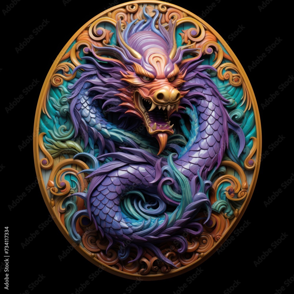 multicolored ceramics medalion with a Dragon made of painted porcelain isolated on black multicolored ceramics medalion with a Dragon made of painted porcelain isolated on black