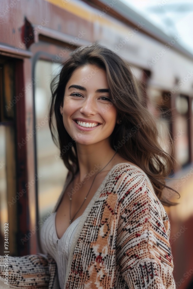 A woman stands next to a train with a smile on her face. This picture can be used to depict travel, happiness, or public transportation