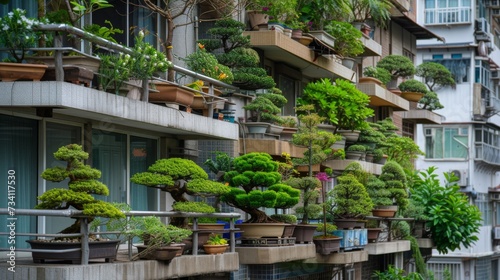 Lush Bonsai Balconies in Urban High-Rise Apartment Building.