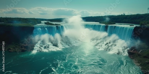 A powerful and awe-inspiring image of a large waterfall with an abundance of water cascading down. Perfect for nature enthusiasts and travel brochures