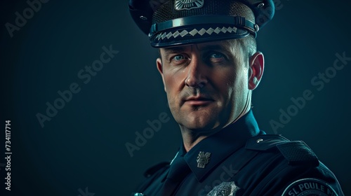 Stern police officer in uniform, serious expression, professional attitude. studio portrait, cinematic lighting. ideal for security-related content. AI