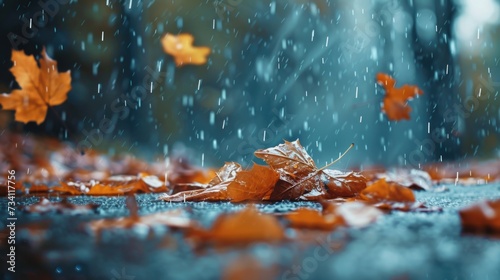 Leaves scattered on the ground during a rainy day. Perfect for nature and weather-related projects © Fotograf