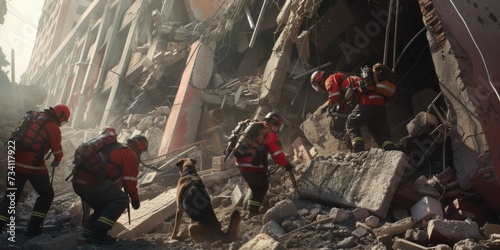 Rescuers working diligently on the rubble of a building. This image can be used to portray the efforts of dedicated professionals in search and rescue missions.