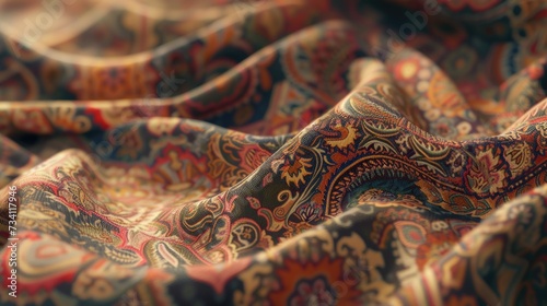A detailed close-up of a paisley print fabric. This versatile textile can be used for various creative projects