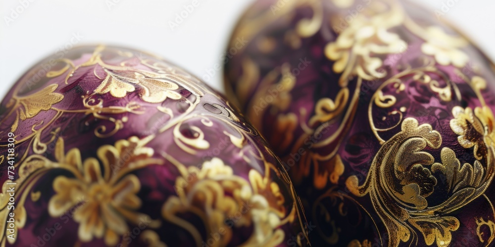 Two purple and gold decorated eggs. Perfect for Easter and holiday-themed designs Two purple and gold decorated eggs. Perfect for Easter and holiday-themed designs