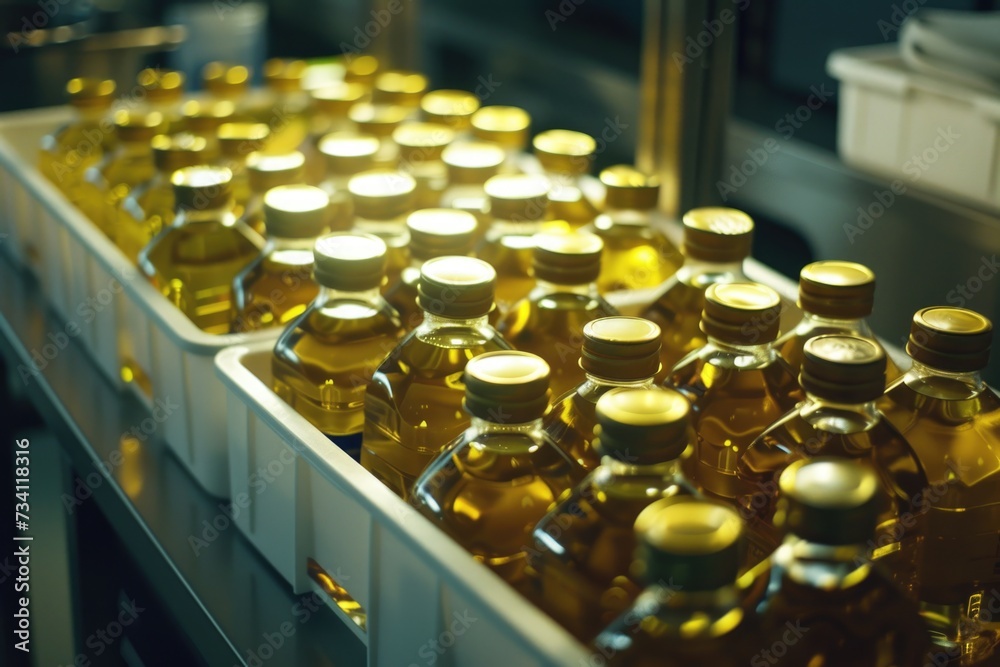 A conveyor belt filled with bottles of honey. Ideal for packaging and manufacturing industries