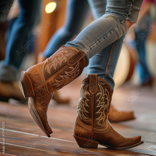 Close-up of intricately designed cowboy boots in motion on a dance floor, capturing the spirit of country line dancing