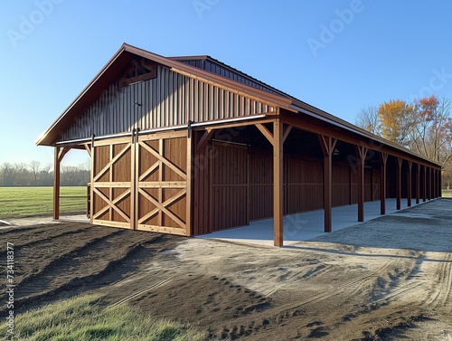 The horse barn is constructed using post frame materials and features lean-to's, sliding barn doors, and stalls with a strong concrete floor.