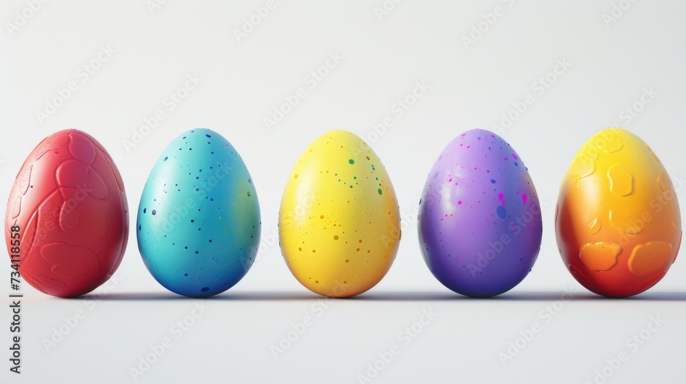 A row of brightly colored Easter eggs on a white surface. Perfect for Easter-themed designs and decorations