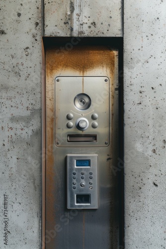 A metal pay phone mounted to the side of a wall. Suitable for depicting communication, technology, and urban scenes
