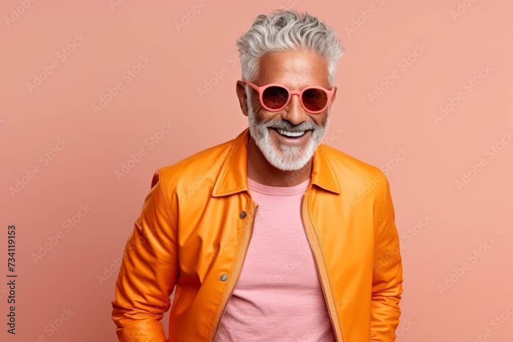 Portrait of a happy senior man with grey hair wearing orange jacket and sunglasses