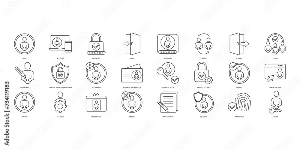 User account icons set. Set of editable stroke icons.Vector set of User account
