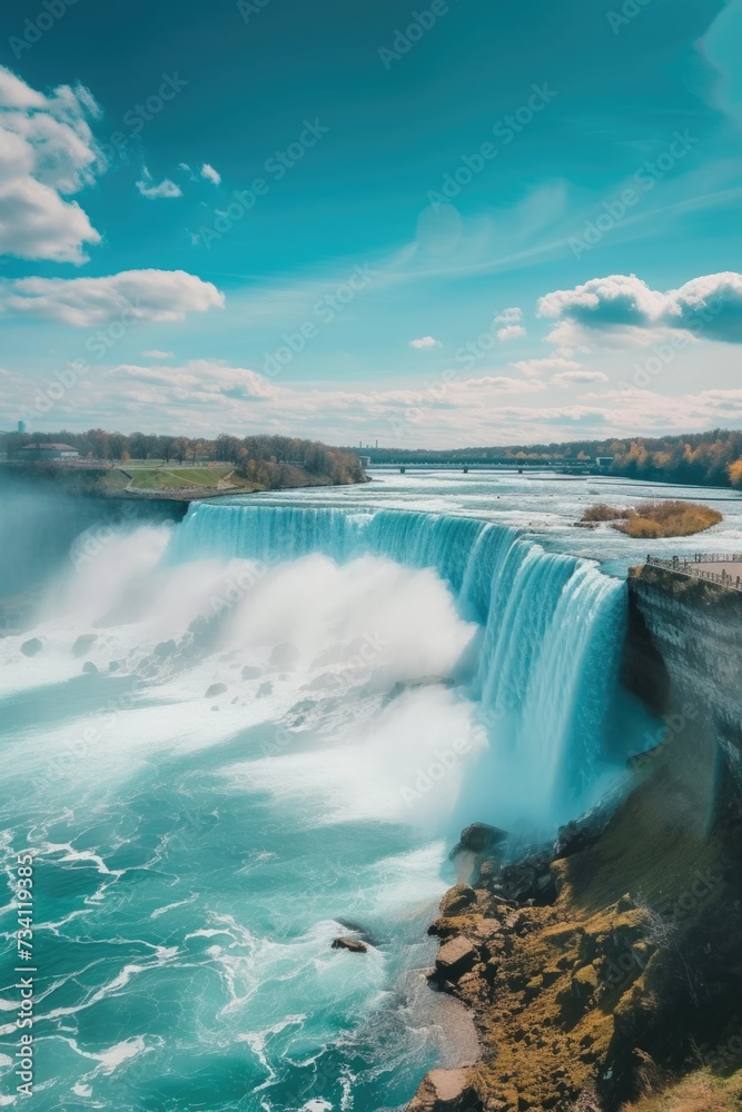 A view of a large waterfall with water flowing out of it. This image can be used to depict the beauty and power of nature A view of a large waterfall with water flowing out of it. This image can be used to depict the beauty and power of nature