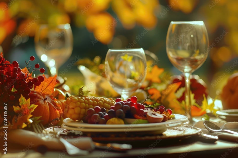 A table set with a plate of fresh fruit and wine glasses. Perfect for food and beverage-related projects A table set with a plate of fresh fruit and wine glasses. Perfect for food and beverage-related projects