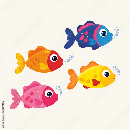 Flat vibrant fish set оn isolated background. Children's cartoon theme. For characters in children's books, cartoons, children's decor.