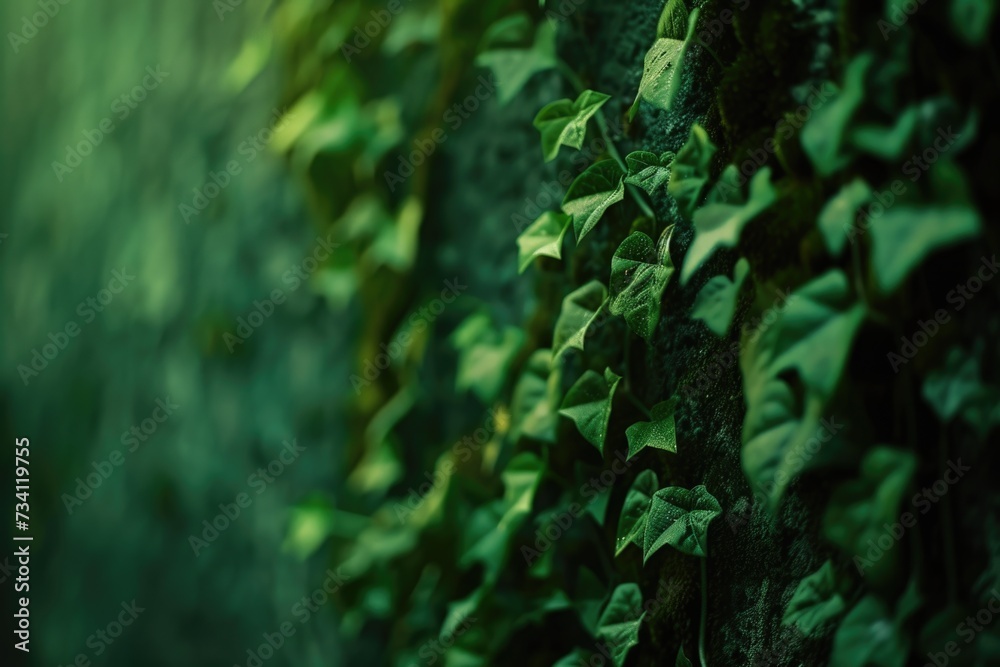 A detailed view of a leafy plant growing on a wall. This image can be used to showcase the beauty of nature and the resilience of plants in urban environments