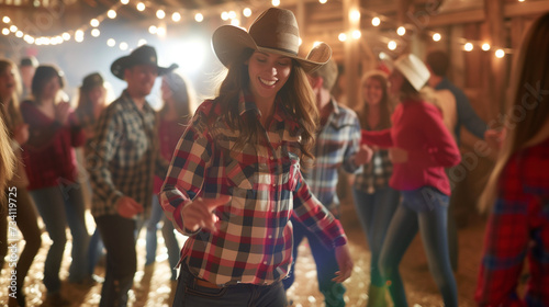 Rustic Barn Dance: Joyful Line Dancing in a Country Setting with Warm Festive Lights