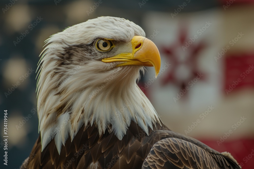 Obraz premium A close-up view of a majestic bald eagle with the American flag in the background. Perfect for patriotic themes and national pride