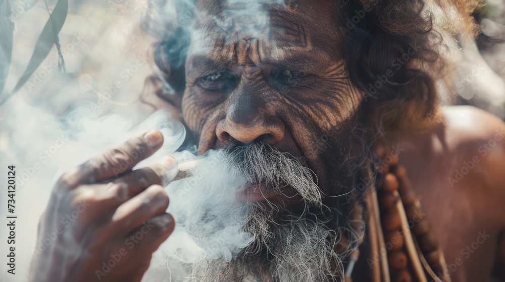 A picture of a man with a beard smoking a cigarette. Suitable for lifestyle and addiction-related themes