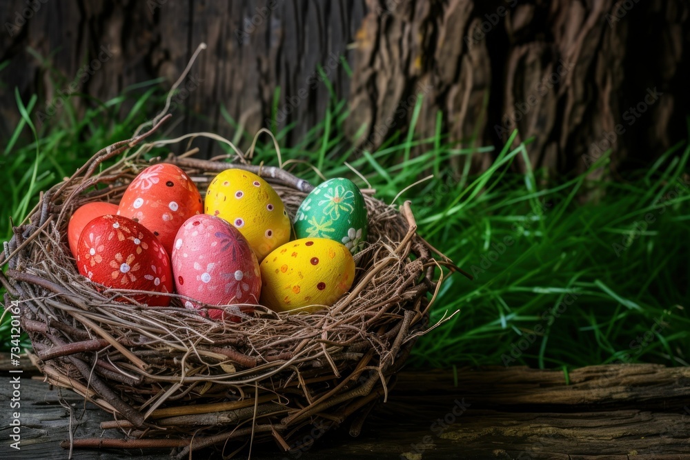 Colorful painted happy easter eggs in birds nest basket on rustic wooden Colorful painted happy easter eggs in birds nest basket on rustic wooden