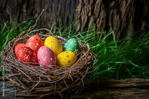 Colorful painted happy easter eggs in birds nest basket on rustic wooden