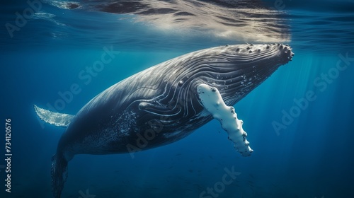 A curious Humpback whale calf in the emerald blue water of Tonga © Elchin Abilov