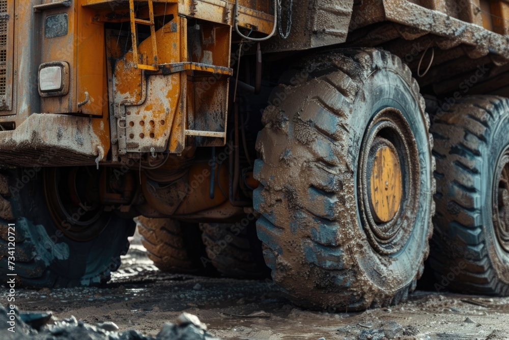 A large yellow dump truck driving down a dirt road. Ideal for construction and transportation projects A large yellow dump truck driving down a dirt road. Ideal for construction and transportation projects
