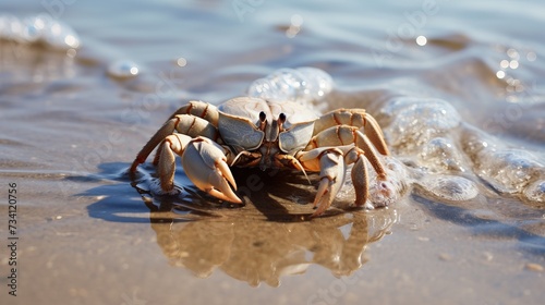 A hermit crab is looking for food on the rocks when the sea water recedes. This animal whose natural habitat is on the coast has the scientific name Coenobita rugosus photo