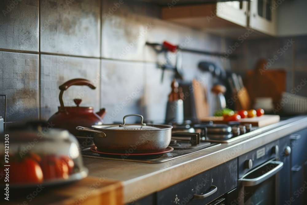 A picture of pots and pans arranged on a stove in a kitchen. This image can be used to showcase cooking utensils and kitchen appliances A picture of pots and pans arranged on a stove in a kitchen. This image can be used to showcase cooking utensils and kitchen appliances