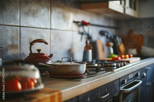 A picture of pots and pans arranged on a stove in a kitchen. This image can be used to showcase cooking utensils and kitchen appliances photo