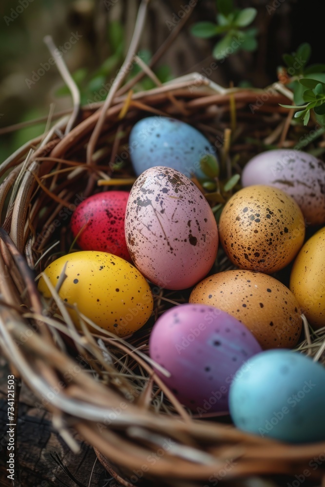 A basket filled with eggs sits on top of a wooden table. Perfect for Easter or farm-themed designs A basket filled with eggs sits on top of a wooden table. Perfect for Easter or farm-themed designs