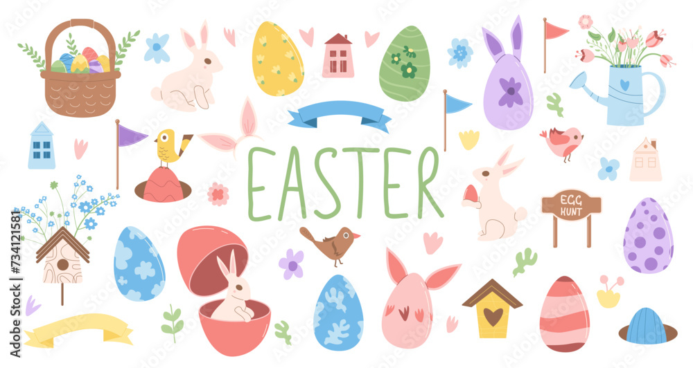 Easter egg hunt elements set. Spring holiday party collection. Eggs, basket and bunny with flowers item. Vector flat illustration. Easter egg hunt elements set. Spring holiday party collection. Eggs, basket and bunny with flowers item. Vector flat illustration.