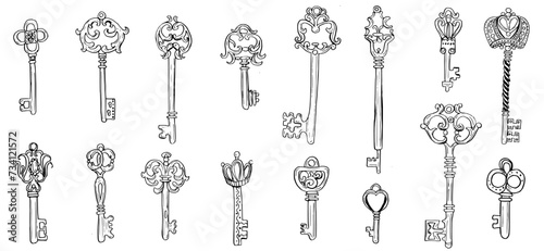 Vintage keys vector. Old antique key set sketch drawing, Hand drawn medieval objects sketch.