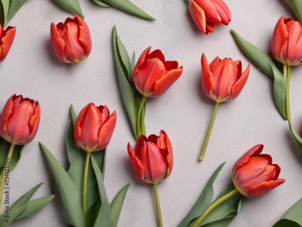 Beautiful red tulips in craft paper on gray pastel background with copy space, spring time, mother's day. Beautiful red tulips in craft paper on gray pastel background with copy space, spring time, mother's day.