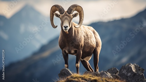 Adult mouflon animal on mountain background. Mouflon, Ovis orientalis, forest horned animal in nature habitat © Elchin Abilov
