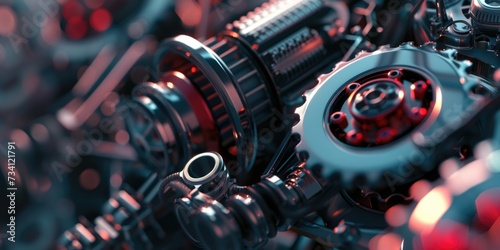 A detailed close-up of a machine with gears. This image can be used to illustrate the inner workings of machinery or to represent precision and mechanical processes
